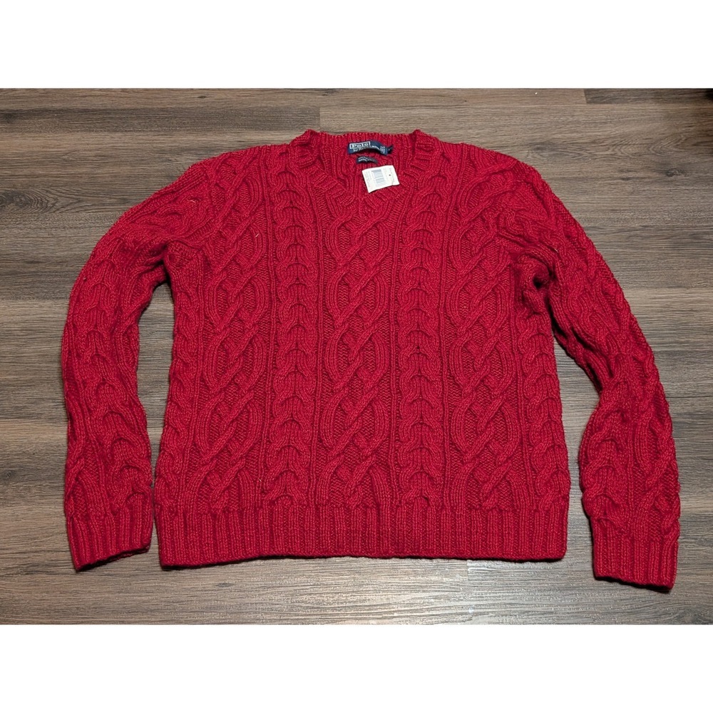 Polo Ralph Lauren Hand Knit Pima Cable V-Neck Sweater Mens XL Red Vintage NWT